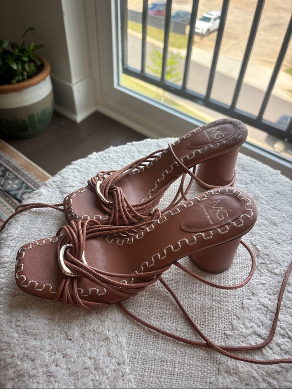 Antonio Melani MG Style Cognac Lace-Up Block Heel Sandals